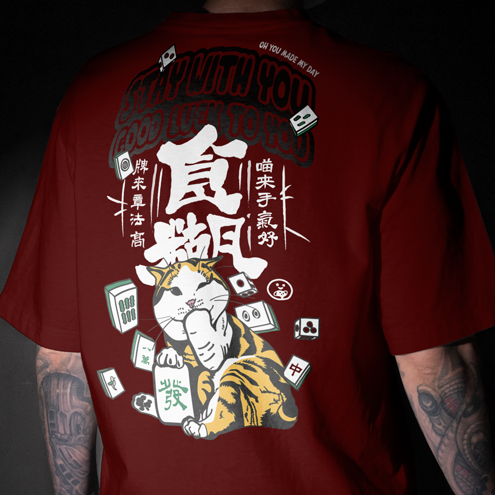 Mahjong King Good Luck Navy Blue/White/Maroon Cat Slave T-shirt Unisex Cat Slave T-shirt