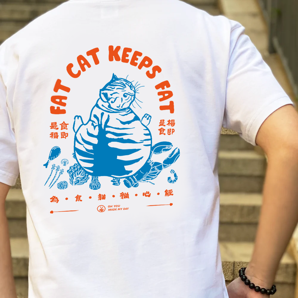 Model Wearing Fat Cat Keeps Fat Cat T-Shirt, White Color, Back Side, Casual Style