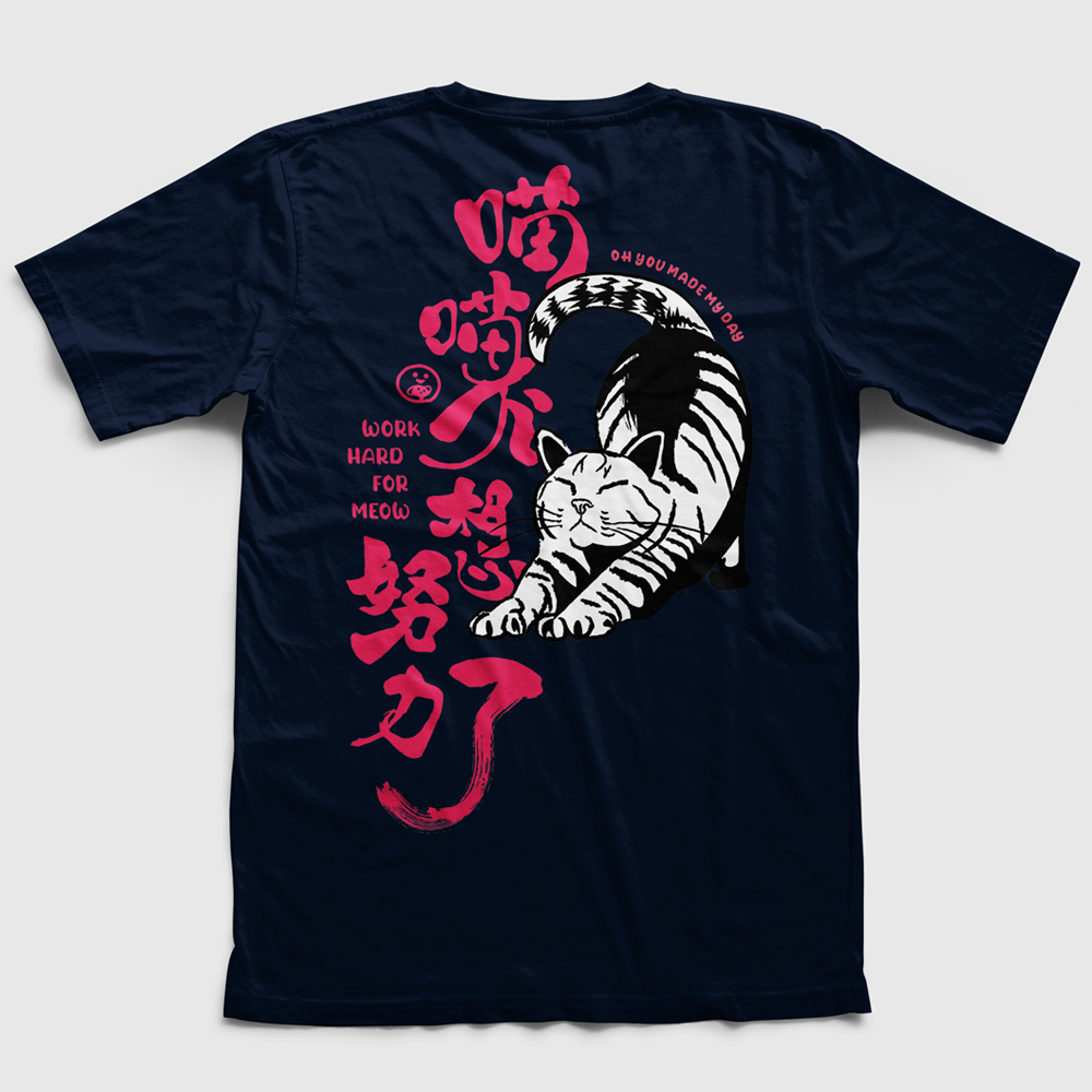 Work hard for meow Cat Lover T-shirt | White/Navy | unisex | Hong Kong Souvenir Graphic Tee