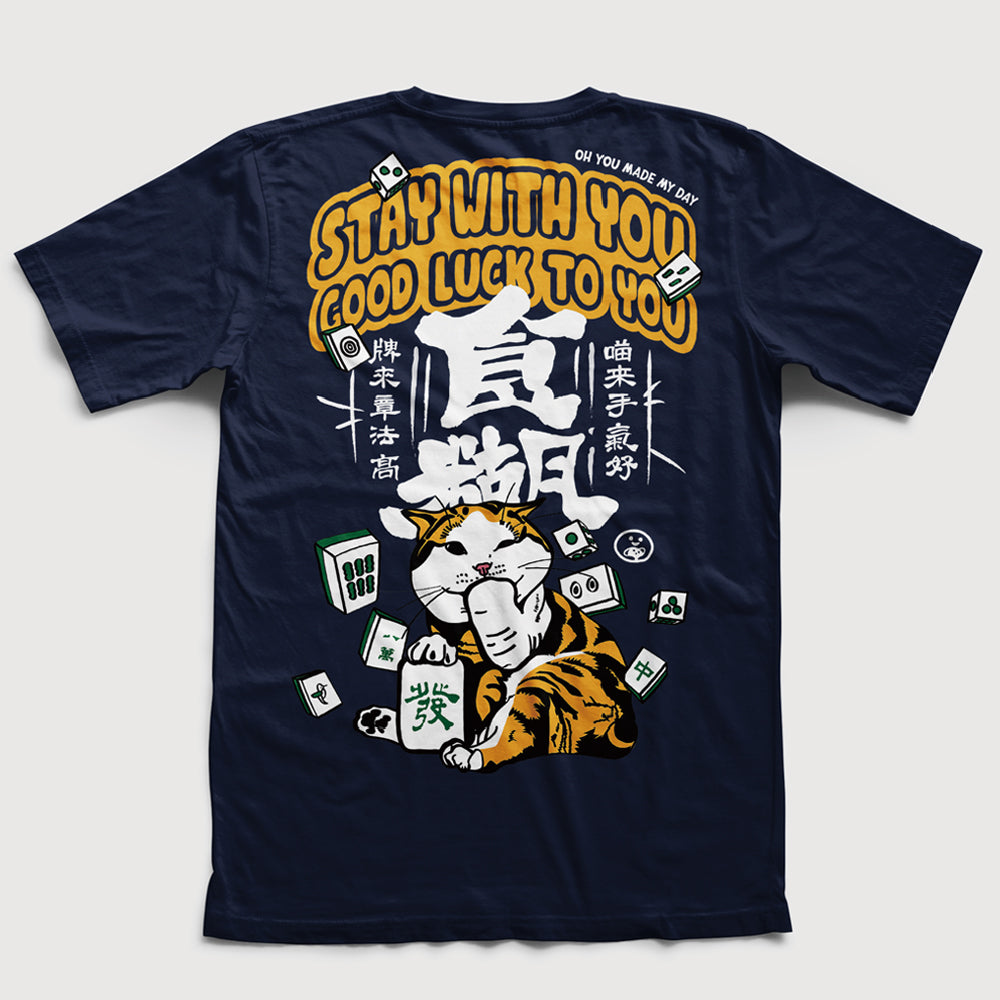 Mahjong King Good Luck Navy Blue/White/Maroon Cat Slave T-shirt Unisex Cat Slave T-shirt