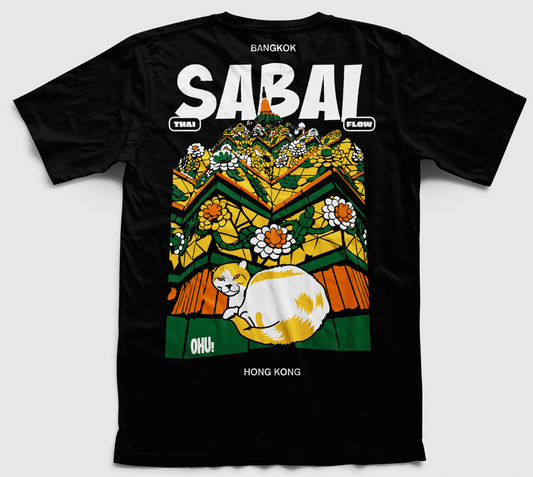 THAI FLOW SABAI Cat Tee | Thai Stray Cat Travel Philosophy T‑Shirt | White / Black | Unisex