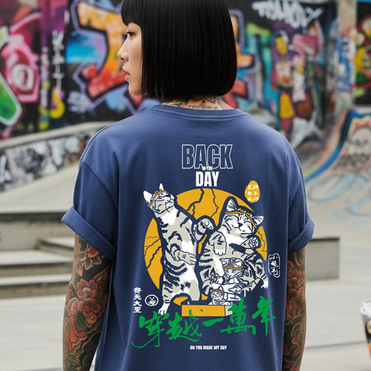 Model Wearing Moon Lightbox bluecolor Back side Cat T-Shirt, Casual Style