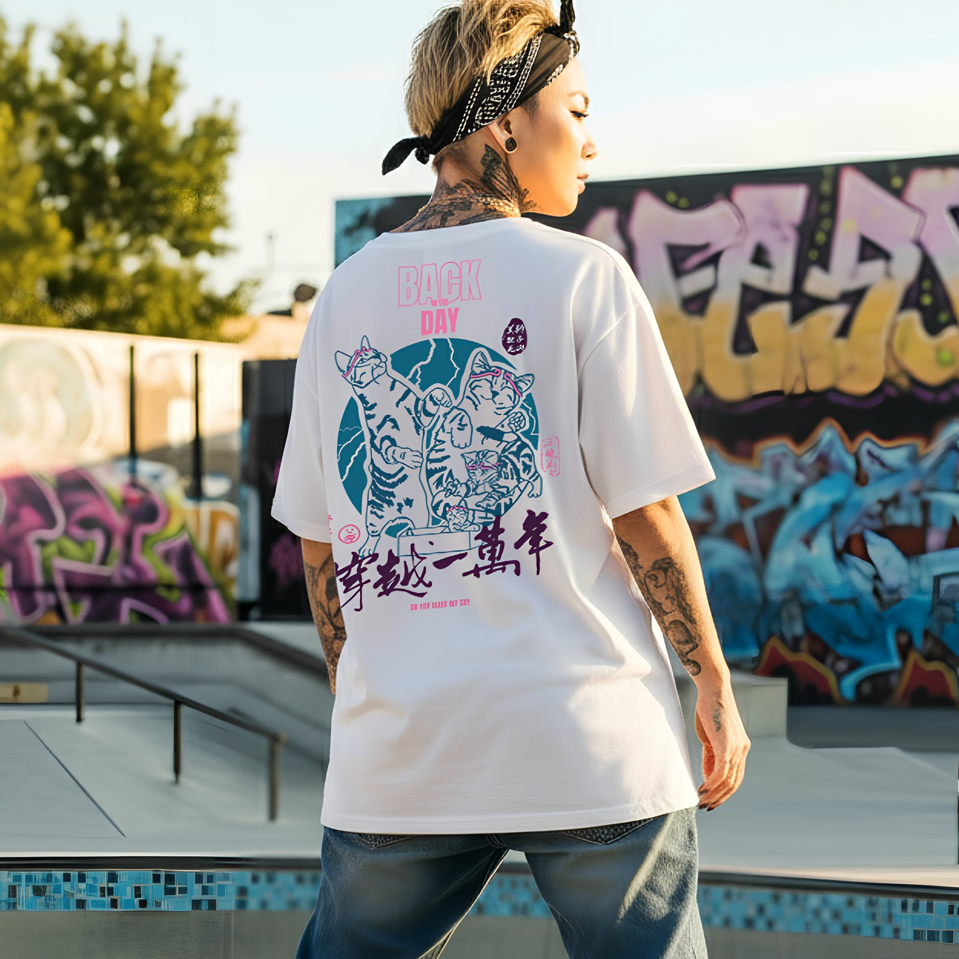 Model Wearing Moon Lightbox Cat T-Shirt, White Color Back side Casual Style