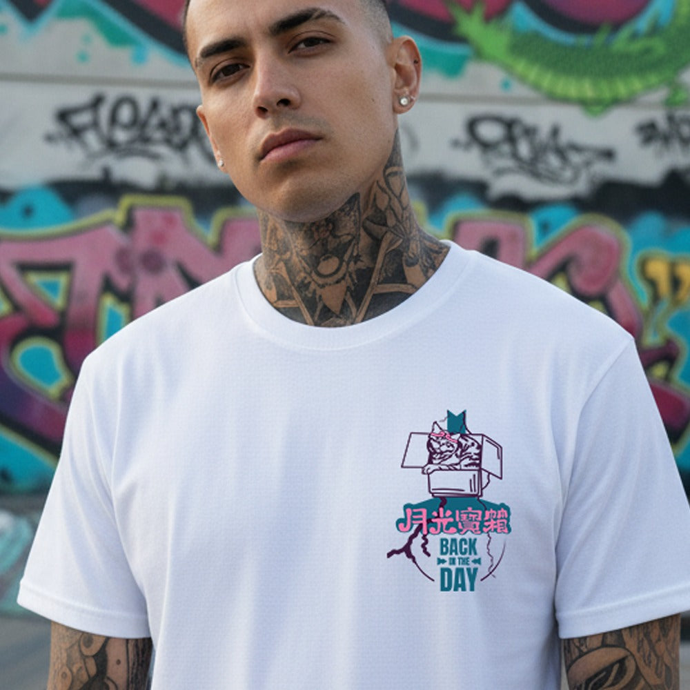 Model Wearing Moon Lightbox Cat T-Shirt, white color, front side Casual Style